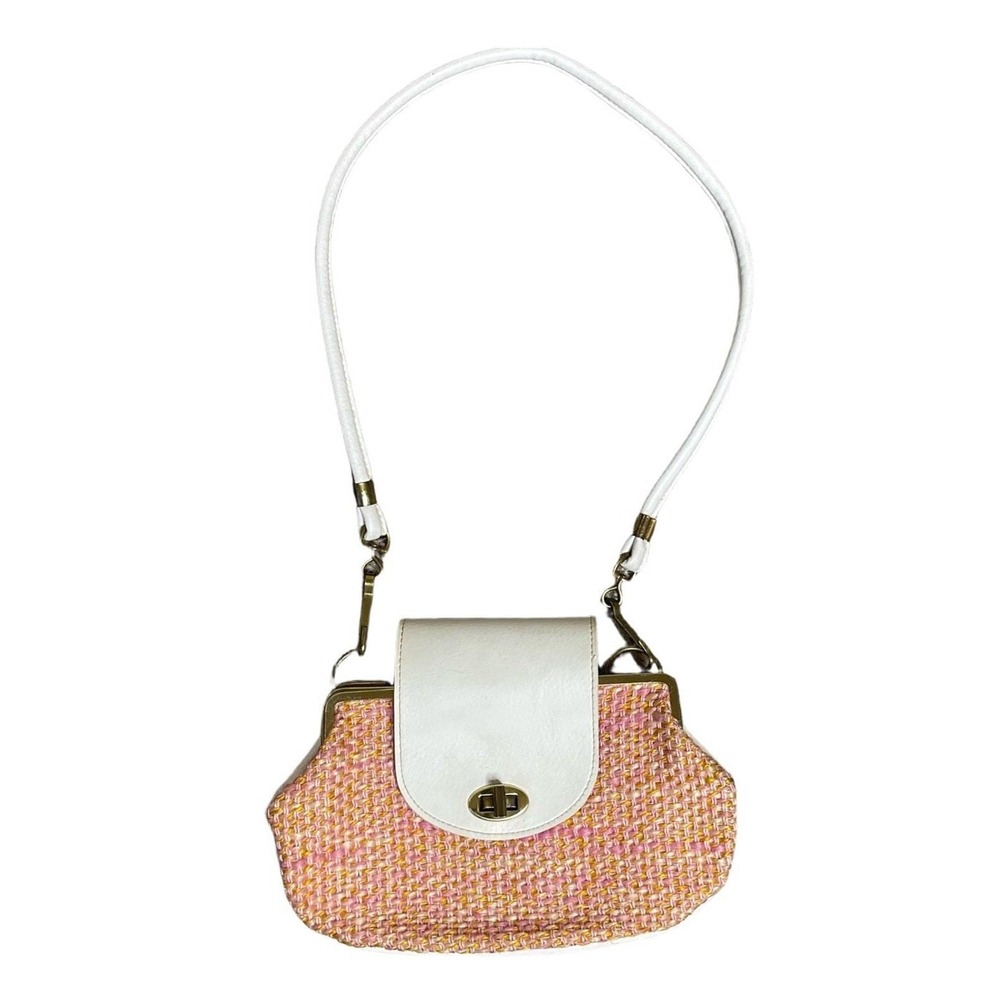 Vintage‎ Woven Tweed Kiss Lock Frame Shoulder Bag Women Pink White Gold Retro